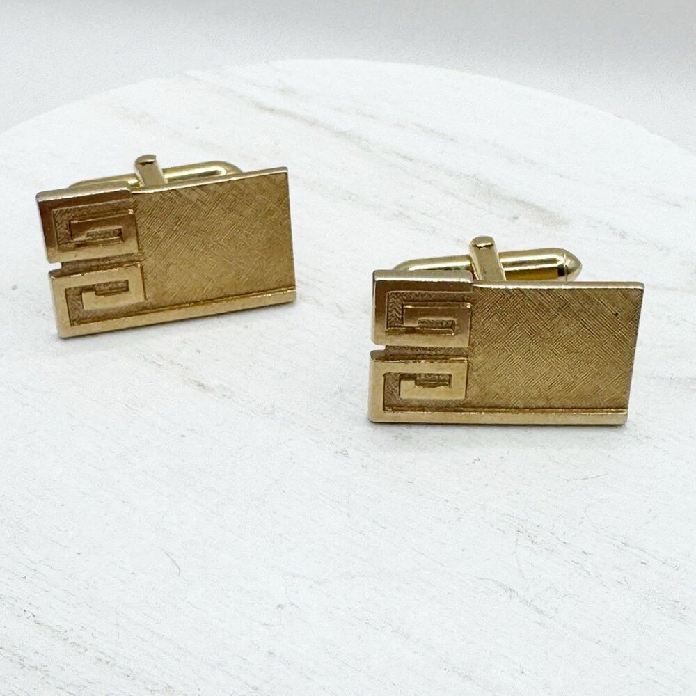 Swank Greek Key Cufflinks Vintage Gold Tone MCM Wedding Fancy Dapper